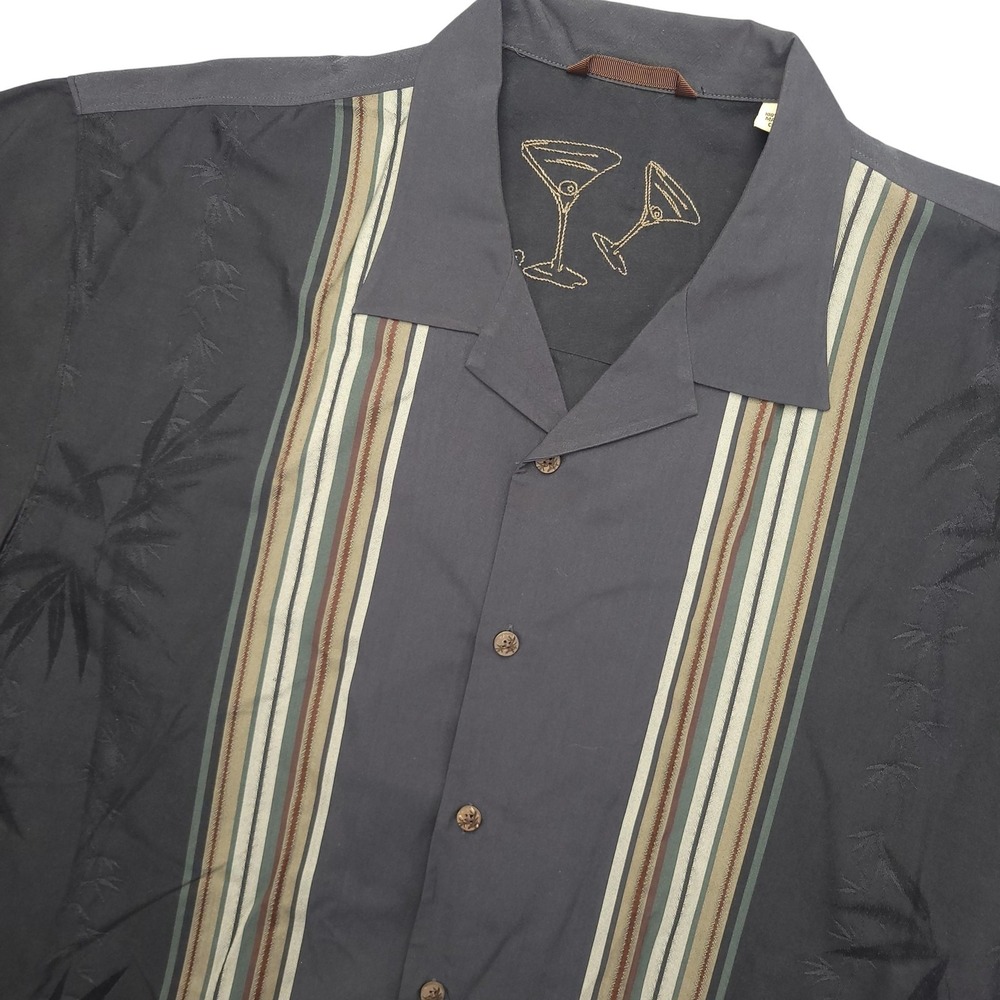 Tommy Bahama Shirt Mens XL Black Stripe Short Sleeve Silk Button Up Cocktail